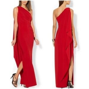 Lauren Ralph Lauren One Shoulder Gown 16 Red Draped Ruched Formal Evening Dress